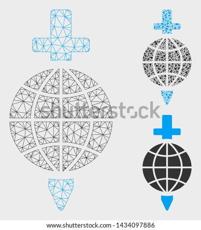 Mesh global safety model with triangle mosaic icon. Wire frame polygonal mesh of global safety. Vector mosaic of triangle parts in different sizes, and color shades. Abstract 2d mesh global safety,