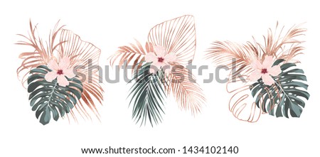 Rose gold tropical palm leaves and hibiscus flowers composition card design.