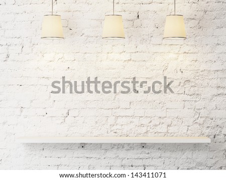 white brick wall with shelf and lamps