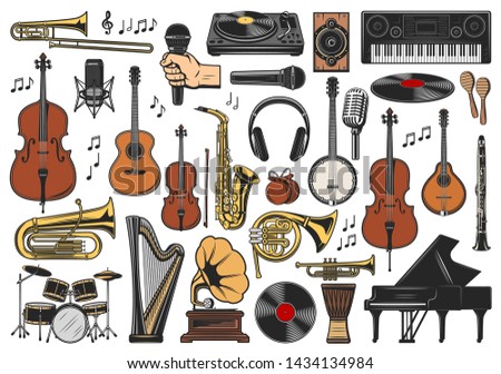 Music vector icons of musical instruments, notes and equipment. Saxophone, piano and guitar, microphones, drums and trumpet, headphones, viola and maracas, vinyl record players and synthesize