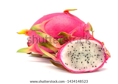 Whole and sliced half dragon fruit or Pitaya isolated on white background.