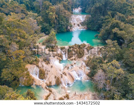 Aerial view of the emerald waterfalls at Roberto Barrios in Chiapas, Mexico	
