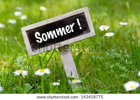 Sommer signboard angular in the meadow and flowers