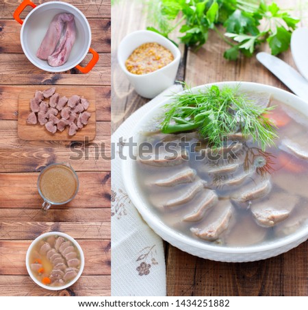 Collage step by step cooking pork tongue jelly at home, selective focus