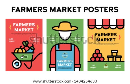 Vector farmers market poster illustration set. Farm event flyer backgrounds with place for text. Line fruit and vegetable shop banner templates. Food festival flyers with farmer, organic products Royalty-Free Stock Photo #1434254630