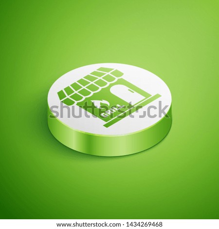 Isometric Barbecue shopping building or market store icon isolated on green background. BBQ grill party. Shop construction. White circle button. Vector Illustration 