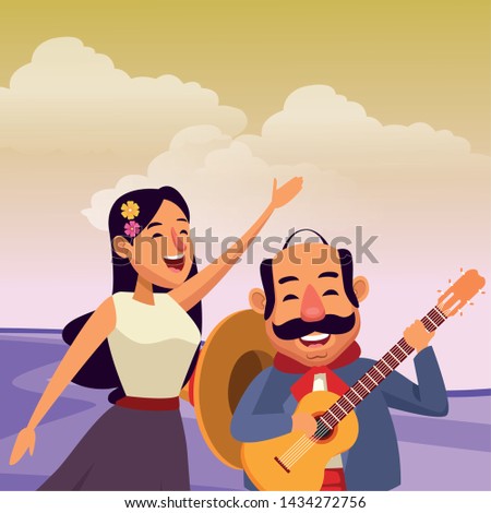 mexican traditional culture mariachis singer woman with flower in her hair and man with moustache, mexican hat and guitar avatar cartoon character in desert lanscape and cloudy sky vector illustration