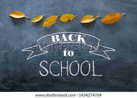 education concept. Top view banner of text sketch BACK TO SCHOOL with autumn gold dry leaves over classroom blackboard background