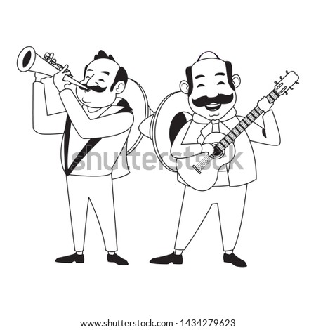 mexican tradicional culture with a mariachis man with mexican hat, moustache and guitar and man with mexican hat, moustache and trumpet avatar cartoon character portrait in black and white