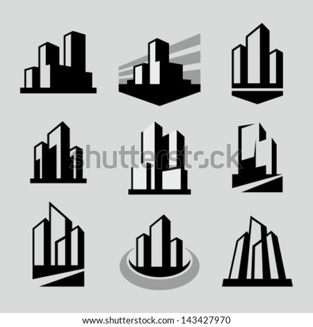 Vector city buildings silhouette icons