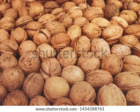 A bunch of walnuts with shells. Natural scuff marks, cracks, rough edges. Warm retro color. Design for background.