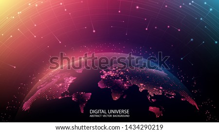 Map of the planet. World map. Global social network. Future. Vector. Violet and blue futuristic background with planet Earth. Internet and technology. Floating blue plexus geometric background. 
