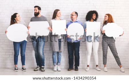 Modern communication. Group of people chatting with speech bubbles, free space Royalty-Free Stock Photo #1434290354