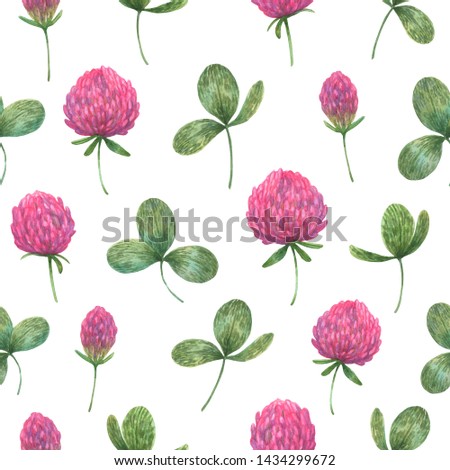 Seamless watercolor pattern with pink blooming clover. Hand-painted backdrop perfect for fabric textile or wrapping paper.