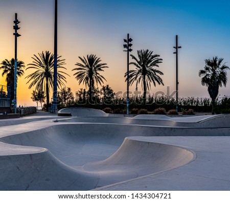 Concrete skatepark with tubes and jumps at sunrise