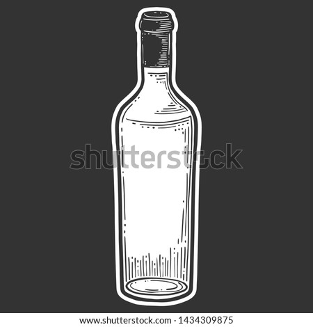 Wine bottle, glass. Vector in doodle and sketch style. Isolated on dark background