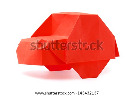 Origami red isolated cartoon car on a white background