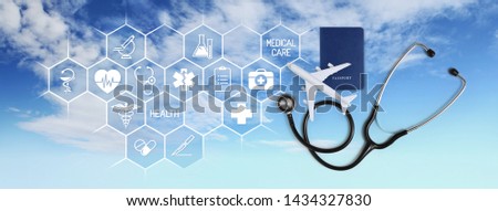 international medical travel insurance concept, stethoscope, passport and airplane, with icons and symbols isolated on white background Royalty-Free Stock Photo #1434327830