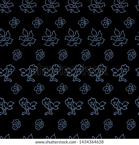 Blooming flowers hand drawn vector seamless pattern. Blue contours of plants on a black background. Pansy, poppies flat hand drawn backdrop. Spring holidays presents and gifts wrapping paper.