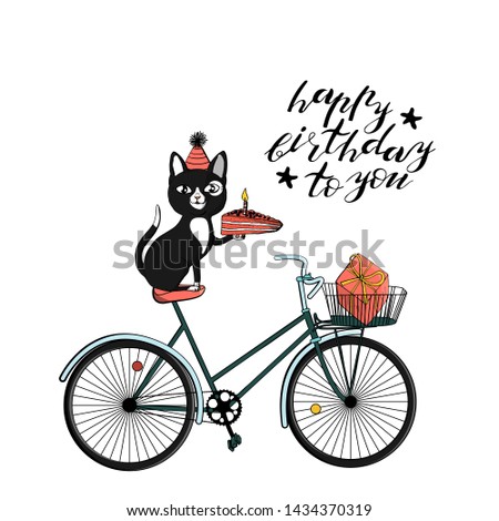 black cat in cone hat sitting on bicycle and holding piece of cake. hand lettering happy birthday to you. Vintage hipster bicycle with basket. isolated on white background. stock illustration.