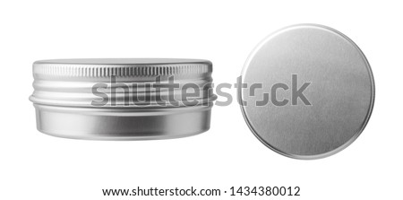 Metal jar container isolated on white background. Container for tea, spices, cosmetic or food. Royalty-Free Stock Photo #1434380012