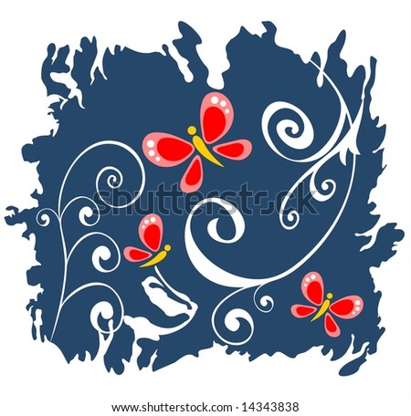 White ornate curls and red butterflies on a dark blue background.