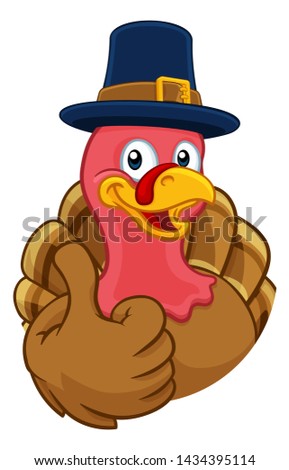 Pilgrim Turkey Thanksgiving bird animal cartoon character wearing a pilgrims hat giving a thumbs up