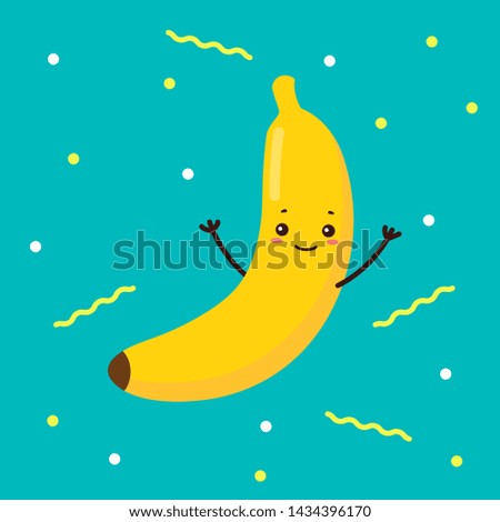 Banana. Funny cartoon fruit. Organic food. Vector illustration. Cute banana character with kawaii face and hands up on background.  It can be used for sticker, print, phone case, poster,