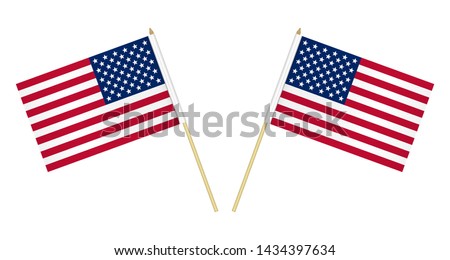Two US flags isolated on white background, vector illustration. USA flag on pole.