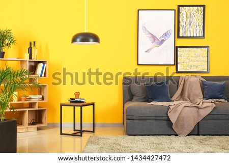 Stylish interior of living room near color wall