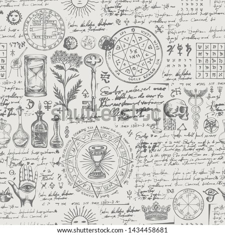 Vector seamless background on the theme of alchemy, medicine, magic, witchcraft and mysticism with various esoteric and occult symbols. Medieval manuscript with sketches and notes in retro style Royalty-Free Stock Photo #1434458681