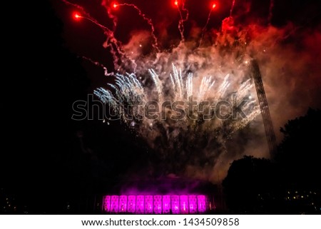 Colorful fireworks on the black sky background in Tivoli, Copenhagen