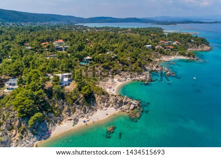 View of Fava Beach in Vourvourou at Chalkidiki, Greece. Aerial Photography.