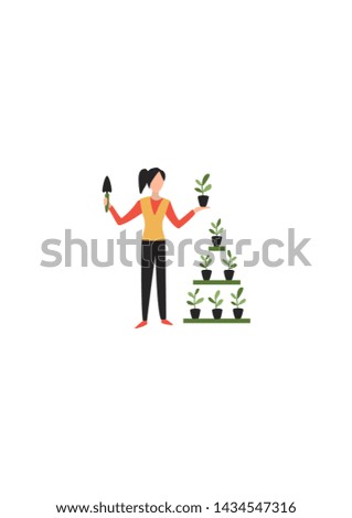 Garden, farm: Woman shows seedlings. Transplant of plants. Eps10 vector flat illustration.
