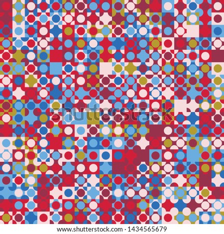 Seamless pattern. Circles and squares built in rows. Chaotic motley coloring. Harmonious colors.