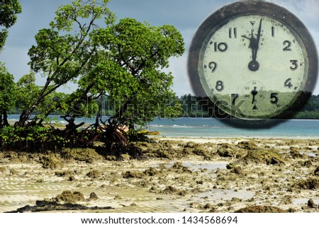Time and tide wait for no man, concept. Tide in the morning. Sea water retreats from the beach on an island in the Andamans.