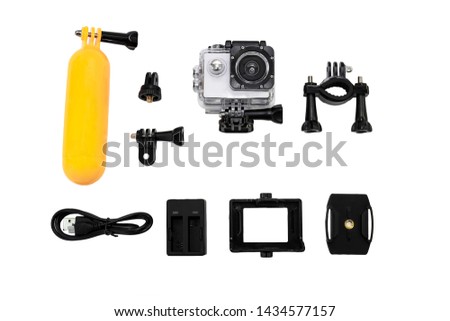 Action Camera and accessory on white background.