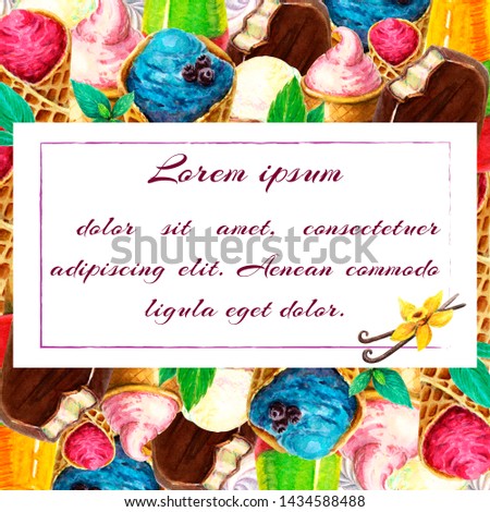 Watercolor ice cream card template. Horizontal ice cream banner. Card template frame with different types of ice cream. Horizontal frame with place for text on bright backdrop of various ice creams