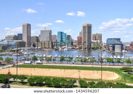 Panoramic view of Baltimore city and the Inner Harbor on a summer day in Maryland.