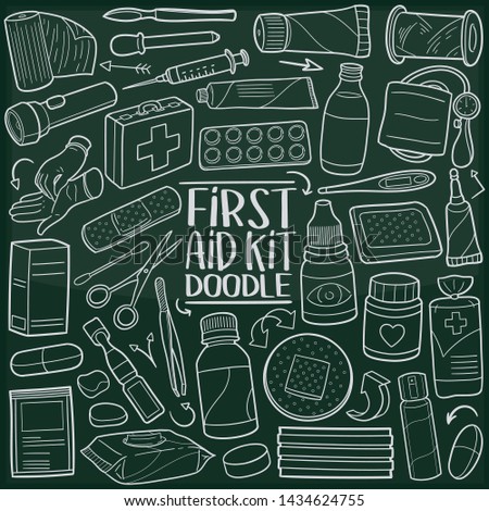 First Aid Set Chalkboard Doodle Icons. Sketch Hand Made Design Vector Art.