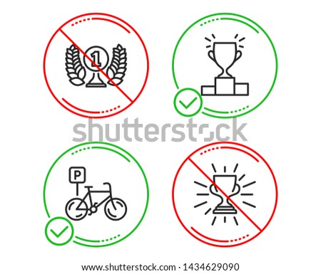 Do or Stop. Winner podium, Laureate award and Bicycle parking icons simple set. Trophy sign. Competition results, Prize, Bike park. Winner cup. Sports set. Line winner podium do icon. Vector
