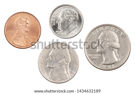 The four most commonly used American Coins. A quarter, dime, nickle, and penny isolated on a white background Royalty-Free Stock Photo #1434632189
