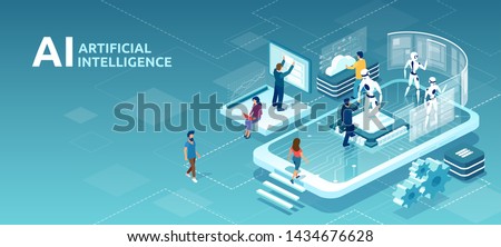 Vector concept of human artificial intelligence interaction with men and women meeting robots on a smartphone platform. Royalty-Free Stock Photo #1434676628