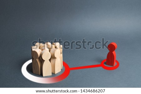 The red figure of a person influences a crowd of people. Expressing your own opinion, turning to your side. Mastery of persuasion, propoganda, influence on the masses. Warming up the mood of the crowd Royalty-Free Stock Photo #1434686207