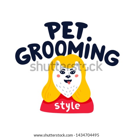 Pet grooming logo. Happy dog pet grooming lettering on white background. Dog care, grooming, hygiene, health. Pet shop, accessories. Flat style vector illustration