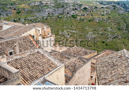 Matera, Basilicata, Italy, Europe, the historic center roofs on the Matera gravine background