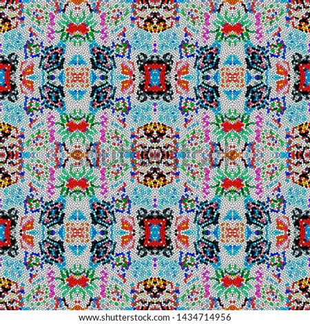 Ikat art. African seamless pattern. Tribal endless fabric. Cute geometric print. Indian native ornament. Boho endless texture. White, blue, pink, yellow, red ikat art.