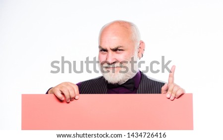 Advertisement shop. inspired mature man in formal suit. Advertisement. Senior bearded man place announcement on banner. job search. Need help. Copy space placate information. inspiration is here.