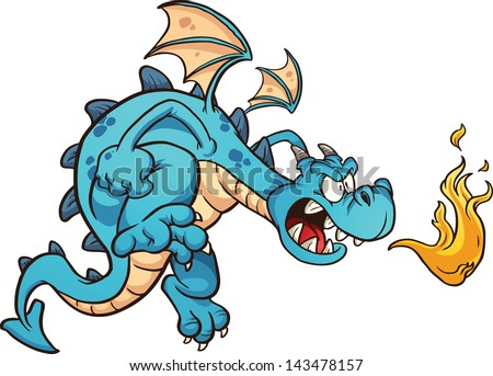 Fire breathing cartoon blue dragon. Vector clip art illustration with simple gradients. All in a single layer.