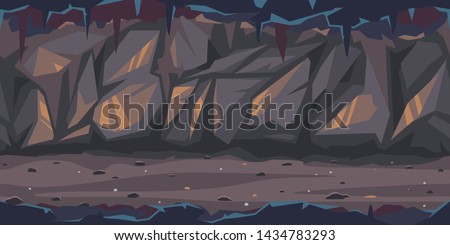 Path is crossing the dark cave game background tillable horizontally, dark terrible empty place with rock walls in side view, dangerous dungeon illustration Royalty-Free Stock Photo #1434783293